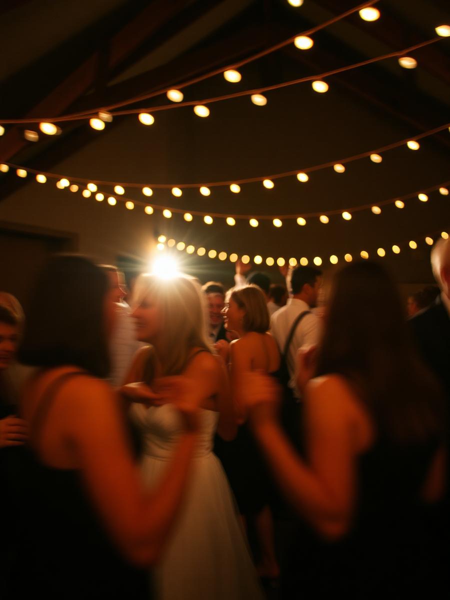 Guests dancing under warm string lights at a wedding reception