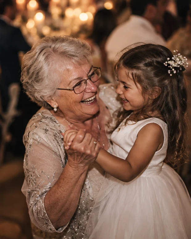 An older family member sharing a joyful moment with a young child at a wedding reception.